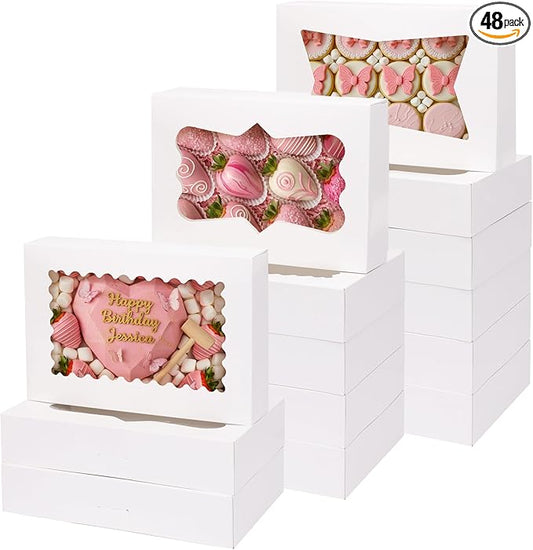 Moretoes 48pcs Auto-Popup Treat Boxes, 12x8x2.5 Inches Cookie Boxes with 3 Style Window, for Chocolate Covered Strawberries,Muffins, Donuts, Pastries (White)