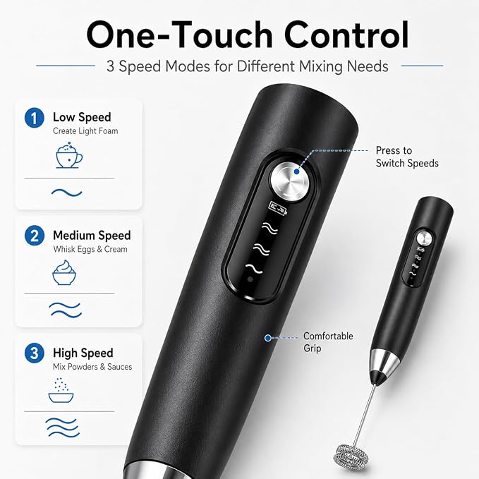 Black Handheld Milk Frother Wand for Coffee, Electric Whisk 3 Speed, 3-in-1 Rechargeable Drink Mixer with Stainless 3 Whisks, Coffee Frother For Latte, Cappuccino, Hot Chocolate, Egg