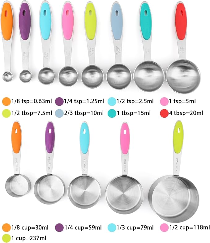 Measuring Cups and Spoons Set of 13 with Silicone Handle, Stainless Steel Nesting Measuring Cups and Spoons For Baking & Cooking (Colorful)