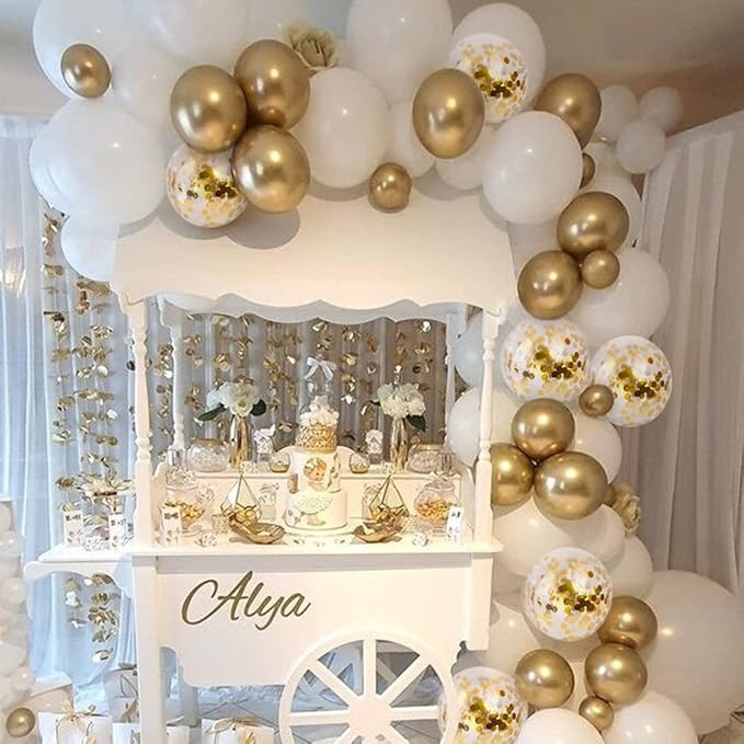 Bezente White Gold Balloons Arch Garland Kit, 100Pcs White Gold Metallic Chrome and Gold Confetti Balloons Arch for Wedding, Birthday, Engagement, Bridal Shower Special Events Party Decoration