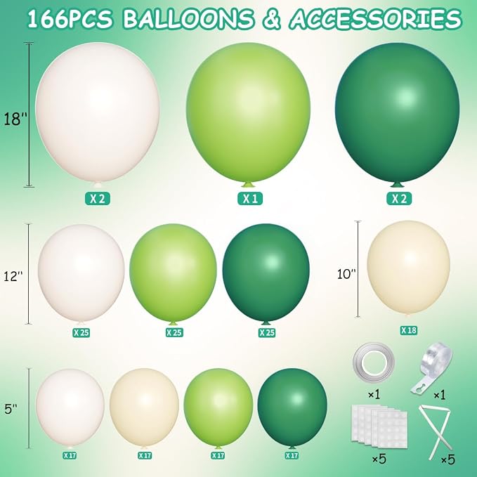 MEBAY Dusty Green White Balloon Arch Garland Kit, 166Pcs Dark Mint Green Ivory White Balloons for Birthday Baby Shower Anniversary Jungle Safari Party Decorations