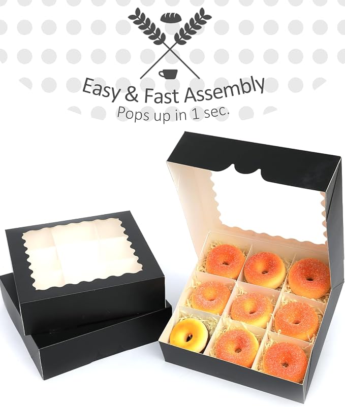 qiqee 9x9x2.5 Inch Black Pie Boxes with Window 12Packs Cookie Donut Bakery Box (Auto-pop Up)