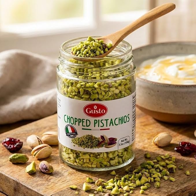 GUSTO ETNA Sicilian Chopped Pistachios, Raw Pistachios Crumbles 3.5 oz | Bronte-Sourced Crumbles for Baking, Cooking, Ice Cream, Pizza, Pasta, and Sandwiches; Product of Sicily, Italy.