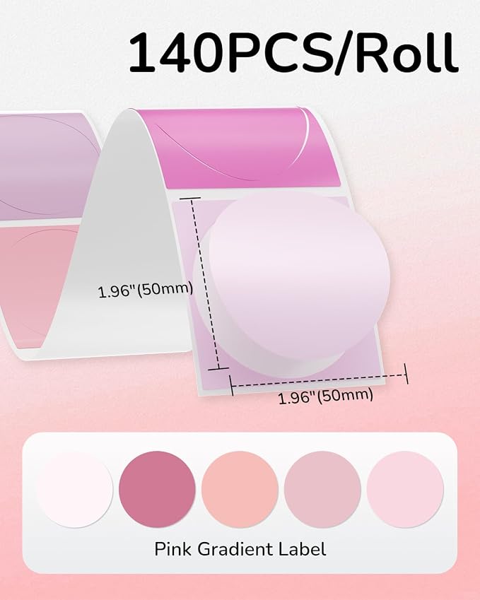 Phomemo Round Labels- Pink Gradient 5 Colors Thermal Labels, 2 Inch Circle Self-Adhesive Stickers for M110/M100/M220/M250 Label Printers, Thermal Paper for Gift, Candle, Logo, Baking Box, 140pcs/Roll
