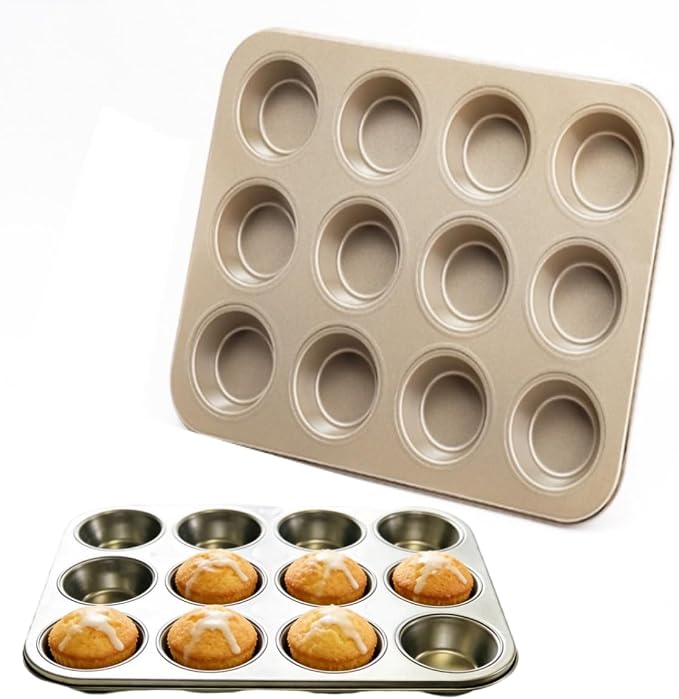 2-Pack 12-Cup Muffin Pan, Nonstick Bakeware | Golden carbon steel cupcake baking tray, BPA-free and easy release. Oven-safe for muffins and cupcakes. Great for home baking