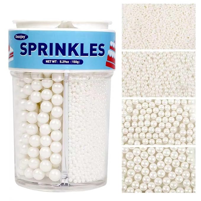 White Pearl Sprinkles, Edible Pearl Sprinkles for Cake Decorating, 150g/5.29oz, Food Grade, Baking Cake Decoration & Cupcake Topper, Patriotic Wedding Party Valentines Supplies