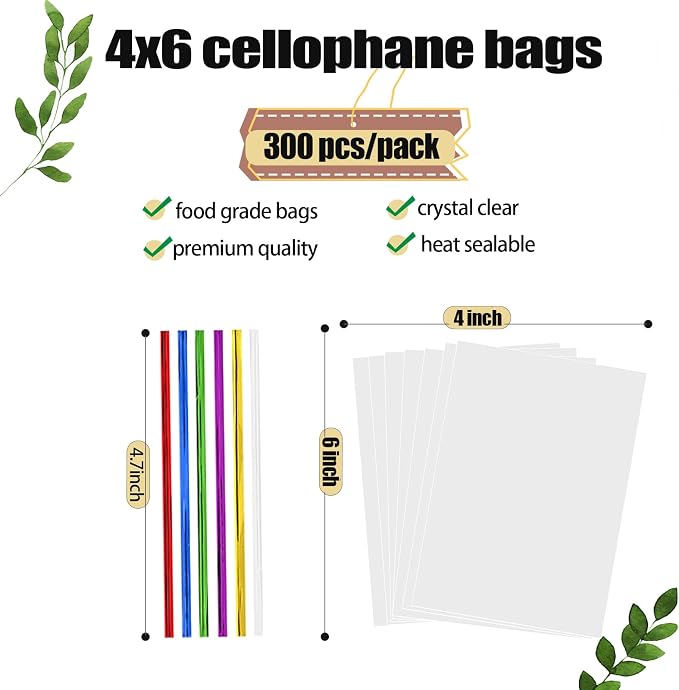 Nobranded 300 pcs Clear 4" x 6" Flat Cello Cellophane Bags Poly Treat Bags 2.8 mils for Gift Wrapping, Bakery, Cookie, Candies, Toast, Dessert, Party Favors Packaging with Color Twist Ties