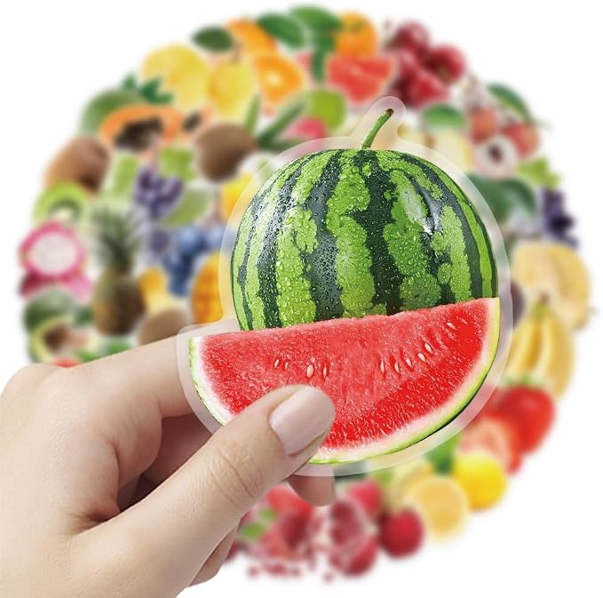 100Pcs Fruit Mix PET Stickers Pack, Transparent Fruit Stickers Waterproof Fruits Decals for Water Bottles Laptop Scrapbooking Journaling Guitar Suitcase Phone Gifts for Kids Teens