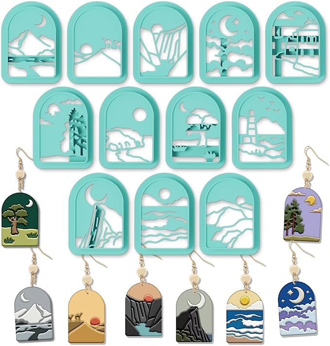 ORIGACH 12 Pcs Mountain Landscape Polymer Clay Cutters,Sun Moon and Scenery Design Clay Cutters for Polymer Clay Jewelry Earrings with a Clear Storage Box