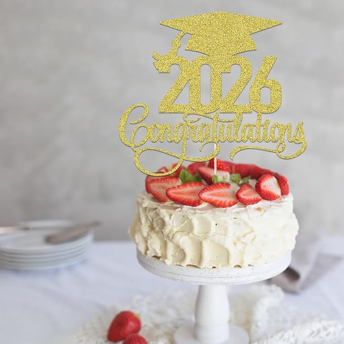 Gold Glitter 2026 Congratulations Graduation Cake Topper,Congrats Grad Cake Decor - 2026 High School/College/Senior Graduation Party Decorations Supplies (2026Congratulations gold)