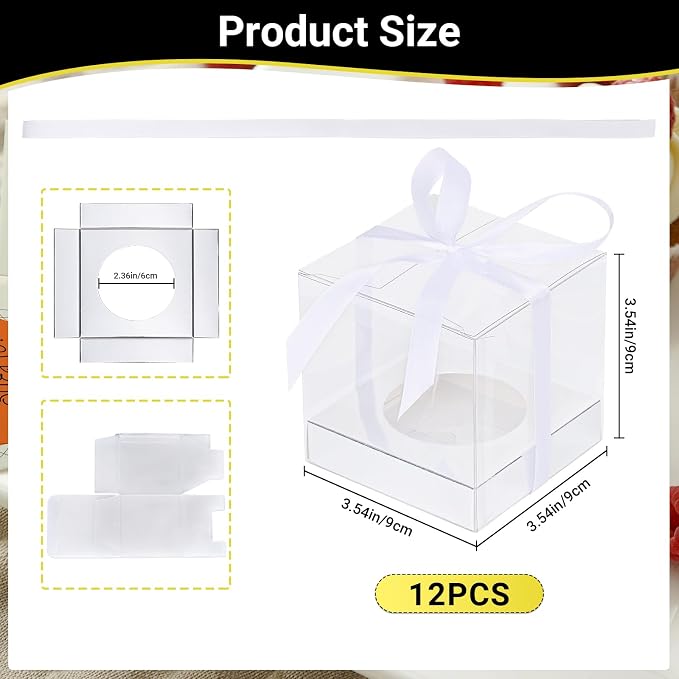 EUSOAR Clear Cupcake Wrappers, 12pcs 3.5 Inch Plastic Individual Tall Cupcake Box, Single Transparent Cupcake Holder Carrier with Ribbon and Inserts for Wedding Party Favor- Silver