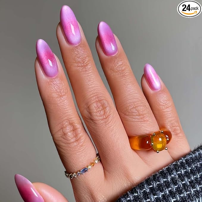 24Pcs French Press on Nails Short Almond ZWENJIE Cat Eye Fake Nails Press ons Nail Tips Stick on Nails Glossy Acrylic Nails Kit False Nails with Pink Blush Design Nail Art for Women Glitter Manicure