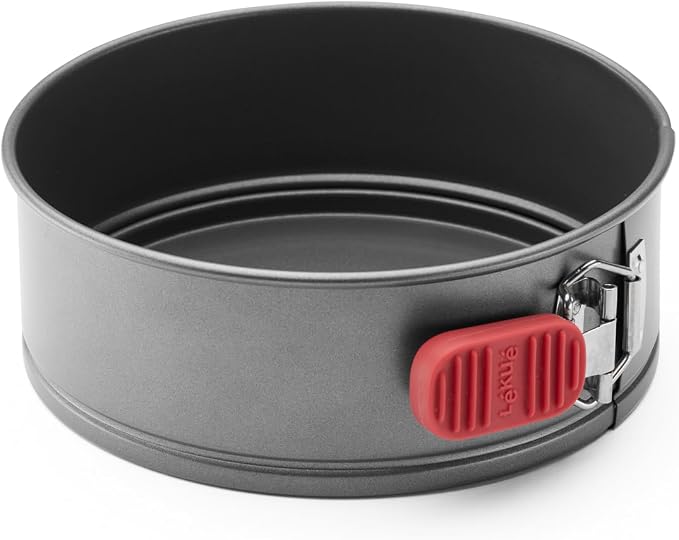 Lékué Non-Stick Round Springform Cake Tin - 8" Carbon Steel Oven Baking Pan with Platinum Silicone Handle, Even Heat, Dual Non-Stick Ceramic Coating, Scratch Resistant, PFOA & PFA-Free, 8.5 x 8 x 2.8"