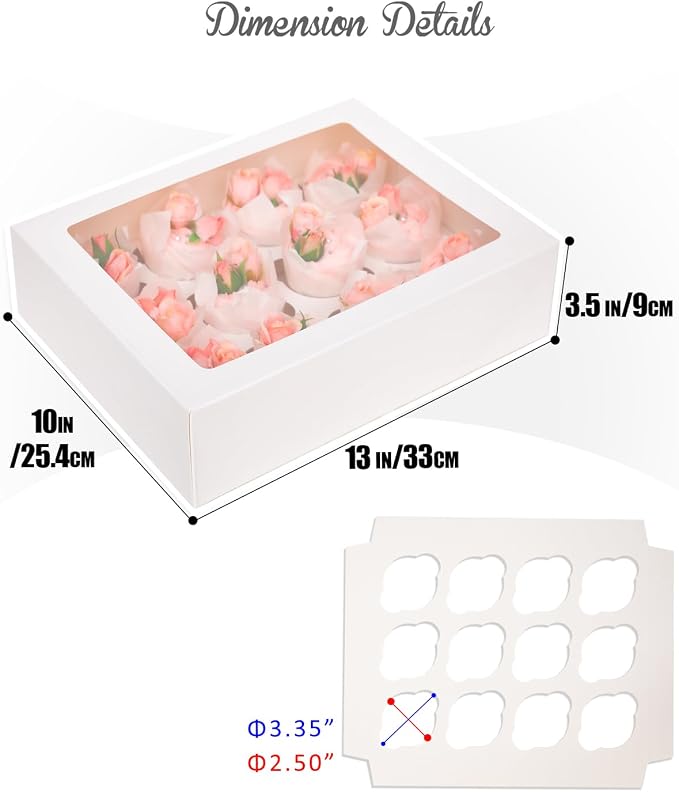 Bakepacker Auto-pop Up Cupcake Boxes with Window White 40PCS 12 Count Cupcake Box 13"x10"x3.5" Cupcakes Carrier, 12 Cupcake Containers with 2 rolls of pink ribbons