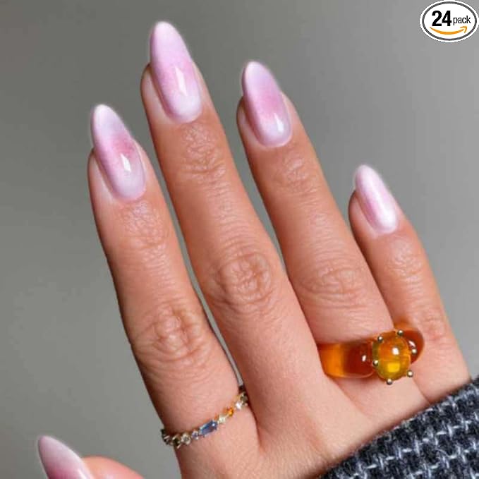 24Pcs French Press on Nails Short Almond ZWENJIE Cat Eye Fake Nails Press ons Nail Tips Stick on Nails Acrylic Nails Kit False Nails with Light Pink Blush Design Nail Art for Women Glitter Manicure