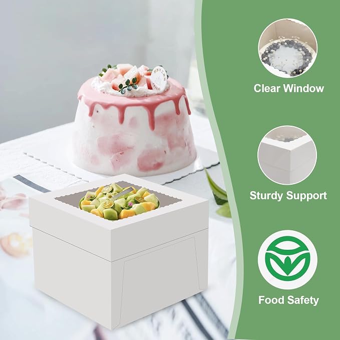6 Pack Cake Boxes, 10x10x8 Inches Tall Cake Box with Cake Boards, White Bakery Boxes with Large Window, Disposable Cakes Transport Containers with Lids, for Cookies, Pies, Wedding, Birthday