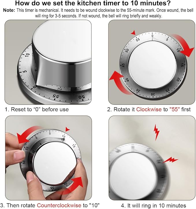 Mechanical Kitchen Timer Countdown Magnetic Stainless Steel for Egg Cooking