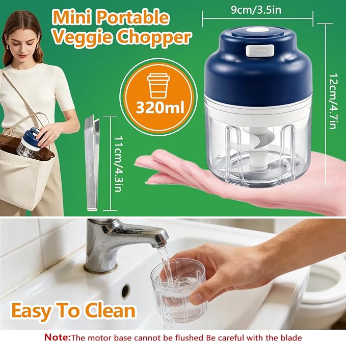 Electric Garlic Chopper, Upgrade 6 Blades, 320ML Wireless Food Processor, Mini Grinder for Kitchen,Mashing Nuts Chili Onion Minced Meat and Spices USB Rechargeable
