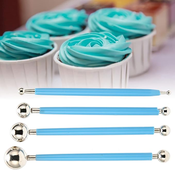 4Pcs Cake Metal Ball Dotting Sculpting Modeling Tool Set premium Stainless Steel 304 Baking Decorating Kit for Fondant Cake Clay Art DIY Projects Blue