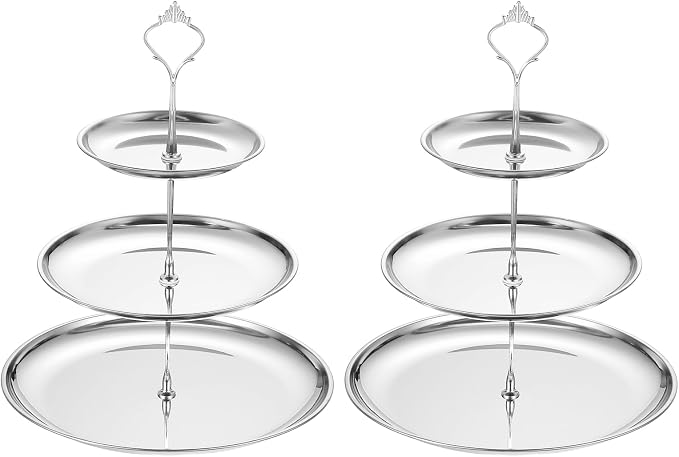 uxcell 2 Sets 3-Tier Cupcake Stand Holder, Round Tiered Serving Tray Stainless Steel Cup Cake Stand for Dessert Fruit Table Birthday Party Decoration Display, Silver