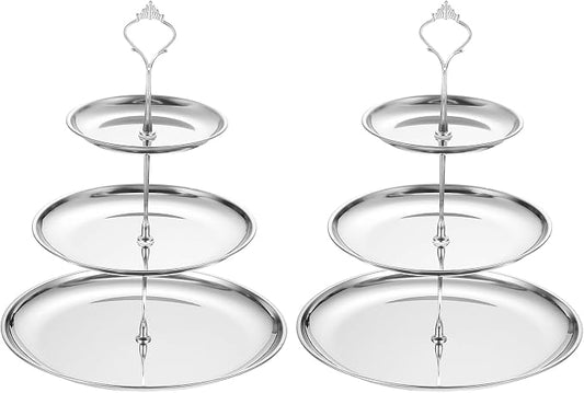 uxcell 2 Sets 3-Tier Cupcake Stand Holder, Round Tiered Serving Tray Stainless Steel Cup Cake Stand for Dessert Fruit Table Birthday Party Decoration Display, Silver