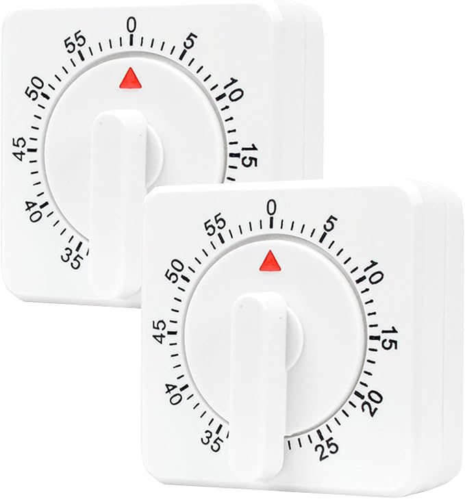 2 Pcs Kitchen Timer with Alarm : Square 60 Minute Mechanical Visual Cooking, Time Management Tools Hour Manual Countdown Timer for Baking, Homework, Exercise Auto Off No Batteries Required White