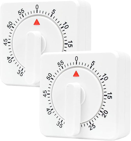 2 Pcs Kitchen Timer with Alarm : Square 60 Minute Mechanical Visual Cooking, Time Management Tools Hour Manual Countdown Timer for Baking, Homework, Exercise Auto Off No Batteries Required White
