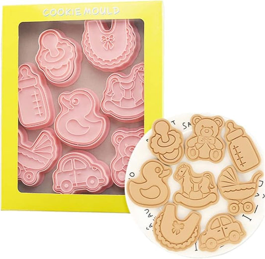 8 Pieces Cute Baby Shower Cookie Cutters Plastic Newborn party Cookie Stamps Cookie Mould Press Babies Shower Cookie Mould Set Baking Kitchen Tools