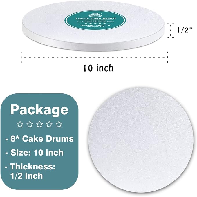 White Cake Drums Round 10 Inch Cake Boards with 1/2-Inch Thick Smooth Edges for Multi Tiered Birthday Wedding Party Cakes Drum Board (8PCS)