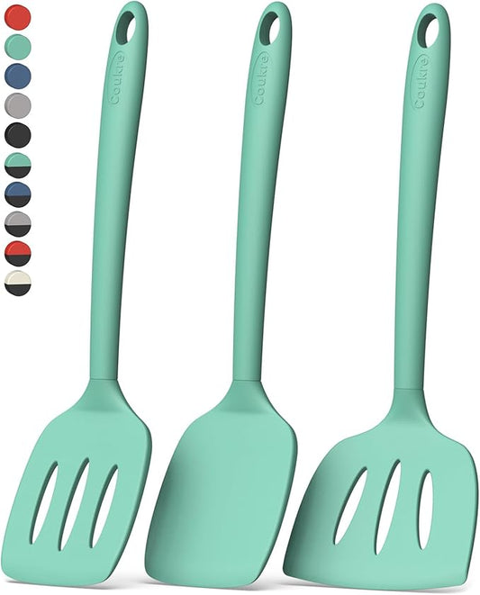 Coukre 3 Pack Silicone Spatula Set, High Heat Resistant, BPA-Free, Fish Spatula, Solid & Slotted Turner for Non-Stick Pans, Flipping Eggs, Pancakes, Fish, Burgers (3, PureAquaGreen)