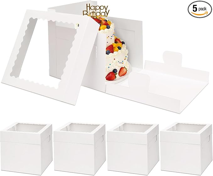 Moretoes 5 Pack Cake Boxes 8 Inch, Bakery Containers with Large Window, 8 Inch White Cake Carrier, Disposable Boxes for Halloween Birthday, Party, Cupcake Cookie Pie Pastry (8x8x8 Inches)