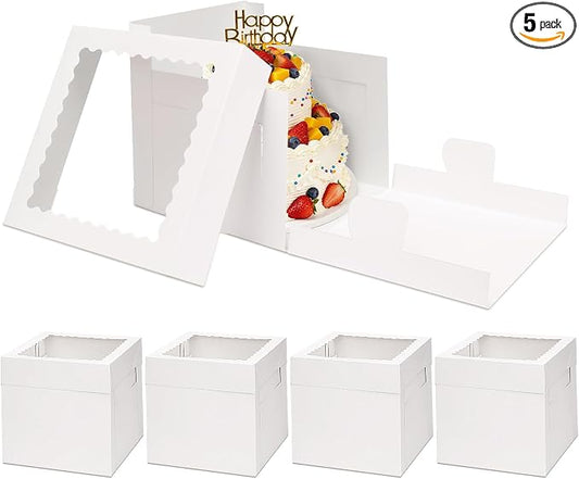 Moretoes 5 Pack Cake Boxes 8 Inch, Bakery Containers with Large Window, 8 Inch White Cake Carrier, Disposable Boxes for Halloween Birthday, Party, Cupcake Cookie Pie Pastry (8x8x8 Inches)