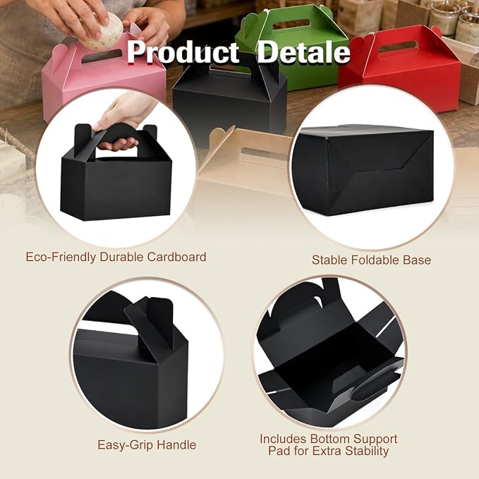 Aosric Small Black Gable Boxes 3.5 x 3.5 x 6.3 In, 30 Pack | Premium Cardstock Party Favor Boxes with Handles for Bakery, Cookies, Candy, Cupcake, Treats, Desserts & Retail Packaging