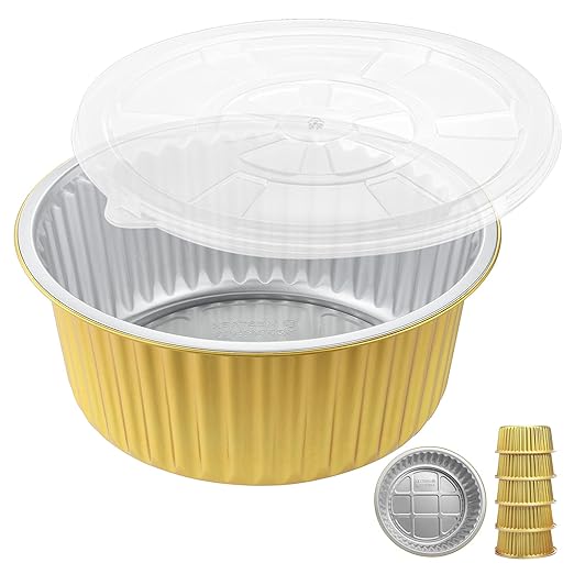 118oz Deep Round Aluminum Foil Pans with Lids, 5 Pack | 10 Inch Round, 4 Inch Deep, Heavy Duty Foil, Ideal for Baking, Meal Prep and Food Storage