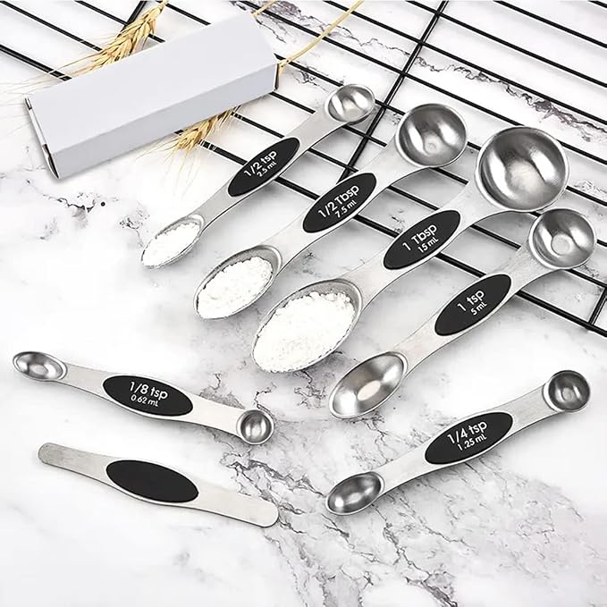 Set of 7 Stainless Steel Magnetic Measuring Spoons Set with Leveler - Stackable Tablespoon Measure Spoon for Baking and Cooking, Kitchen Gadgets for Apartment Essentials (Black)
