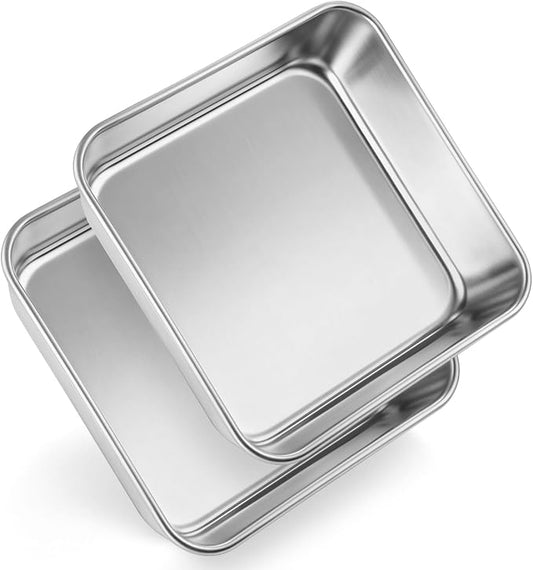 Leonyo Stainless Steel 8x8 Baking Pan, 2 Pack Metal 8IN x 8IN Square Cake Pans, Commercial Brownie Pans Baking Dish for Cornbread, Banana Bread, Lemon Bars, Dishwasher Safe