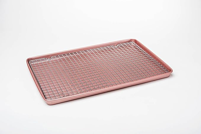 David Burke 17x11 Cookie Sheet with Chrome Cooling Rack – Carbon Steel, PFTE & PFOA Free, Oven Safe, Non-Toxic, Perfect for Baking and Roasting – Rose Gold