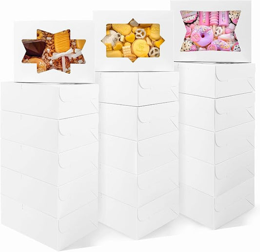 Moretoes 24pcs Bakery Boxes with with 3 Style Window, 8x6x2.5 Treat Boxes for Candies, Chocolate Strawberries, Cakes, Muffins, Donuts