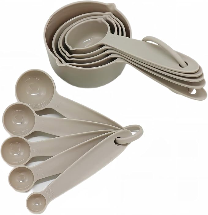 Cute Plastic Measuring Set of 10, 5 Cups & 5 Spoons for Baking & Cooking, Khaki