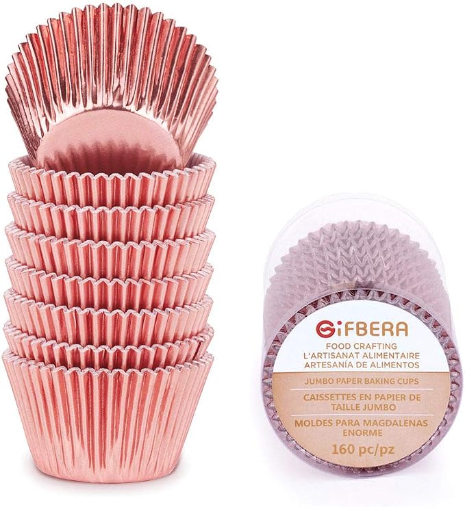 Gifbera Jumbo Metallic Rose Gold Foil Cupcake Liners Molds, 160-Count