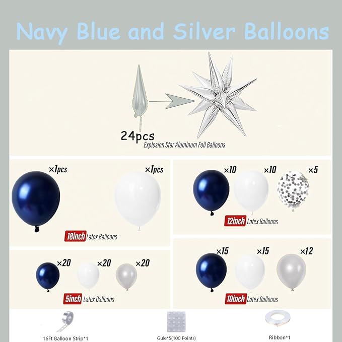 Bonropin 161pcs Navy Blue and Silver Balloon Garland Arch Kit with Blue White Silver Confetti Balloons, Star Foil Balloons, for Graduation New Year Anniversary Birthday Party Decorations