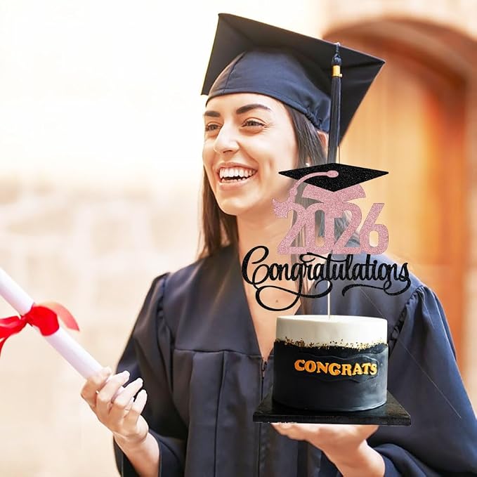 Black rose gold Glitter 2026 Congratulations Graduation Cake Topper,Congrats Grad Cake Decor - 2026 High School/College/Senior Graduation Party Decorations Supplies