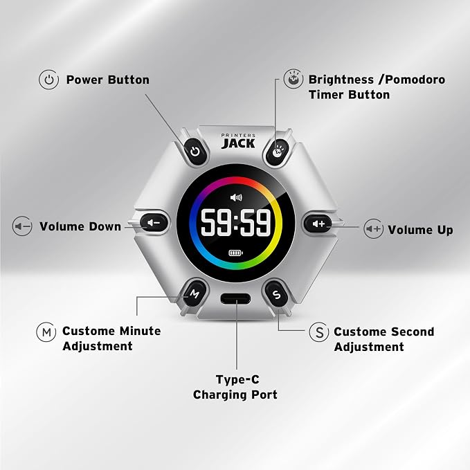 Printers Jack Pomodoro Timer - Productivity Cube, Visual Focus Timer, Mute & Vibration & Adjustable Sound Alert, for Office, ADHD, Study, Work, 3/5/10/25/30/60min & Custom Countdown - Silver