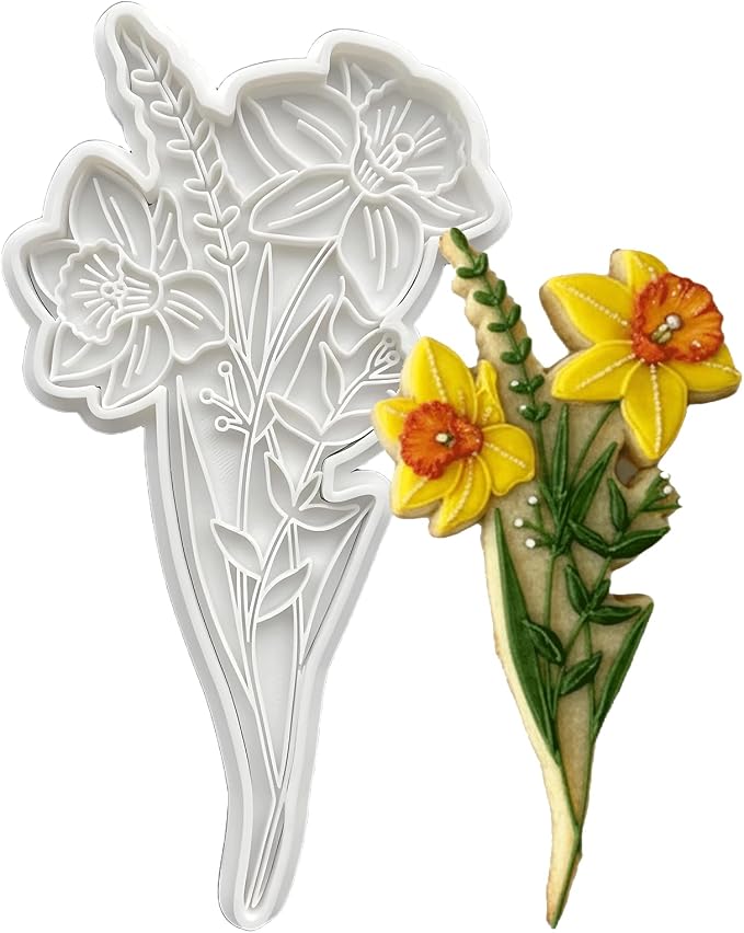 Birth Flower Cookie Cutter March Daffodil 3D Embosser Stamp with Detailed Petal Texture - Birth Month Flower Fondant Biscuit Baking Tools - Personalized Birthday Mom Gift Party Decorating 5"