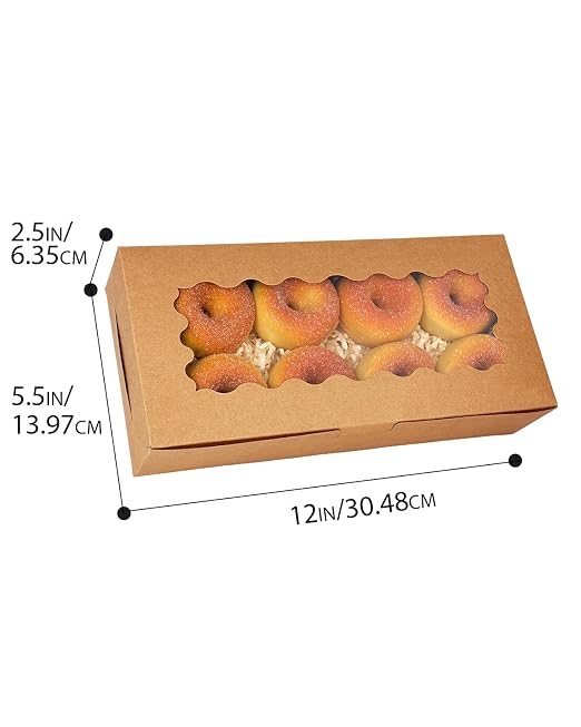 qiqee 12x5.5x2.5 Inch Brown Cookie Box with Window 15Pcs Pastry Macaron Bakery Box For Packaging