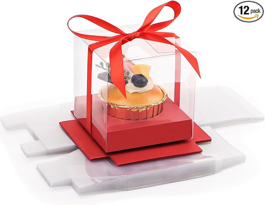 EUSOAR Disposable Clear Cupcake Holder, 12pcs 3.5 Inch Plastic Red Individual Cupcake Carrier with Ribbon, Single Transparent Display Clear Cupcake Wrappers for Wedding Birthday Favor Party
