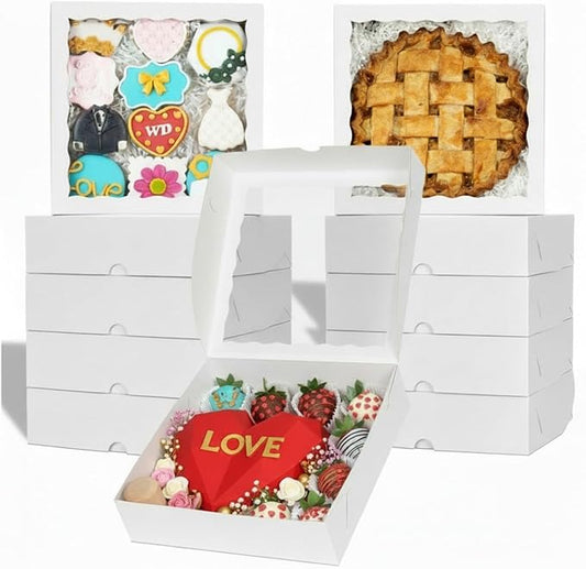 TEMLQPACK 36pcs 10x10x2.5 Inches White Bakery Boxes with Window, Pie, Cookies, Chocolate Covered Strawberries, Breakable Heart, Charcuterie Boxes for Christmas