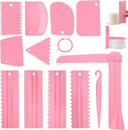 12 Pcs Adjustable Cake Smoother Set, Plastic Cake Decorating Tools Comb and Dough Scrapers for Baking Pastries (Pink)