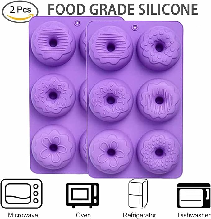 Silicone Donut Mold,Non-Stick Silicone Doughnut Pan Set of 2,Donut Cake Biscuit Bagels,Dishwasher Safe,Heat Resistant and Microwave Safe (Purple)