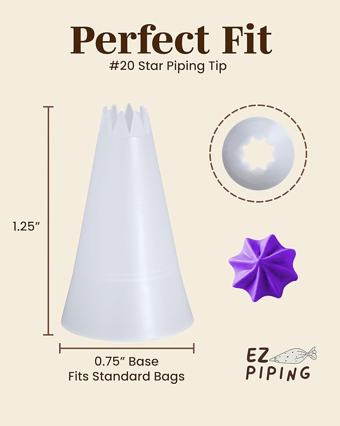 Reusable Plastic Piping Tips - Standard Size Star Tip #20 Icing Nozzles Made from Food Grade Plastic Cake Decorating Tool Kit, Baking Supplies, Base Ø 0.75", Height 1.25" Made in USA (20pcs)